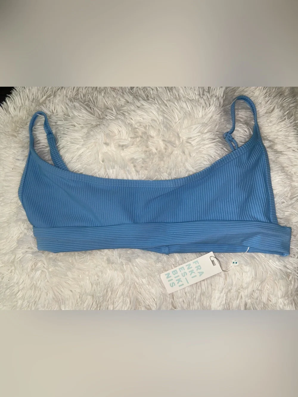 Frankie's Bikinis Sky Blue Ribbed Scoop Bralette Bikini Top